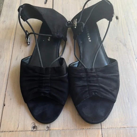 🆕 Longchamp Drawcord Leather and Suede Sandal in Black. Size 41 - Picture 3 of 7